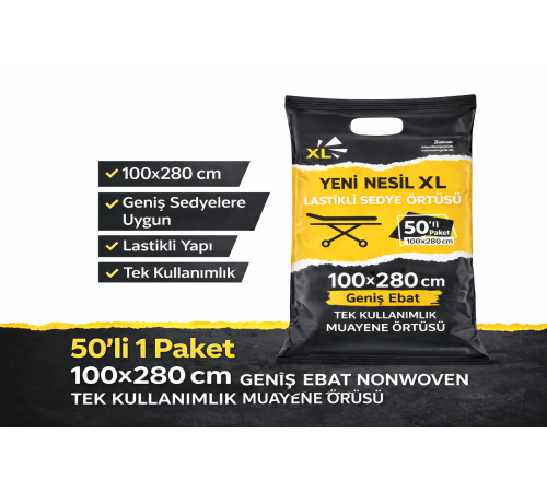Yeni Nesil XL Lastikli Sedye Örtüsü 100x280 cm Geniş Ebat Nonwoven Tek Kullanımlık Muayene Sedye Örtüsü 50'Lİ 1 Paket