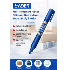 Lades Mavi Permanent Marker Silinmez Koli Kalemi Yuvarlak Uç 1 Adet