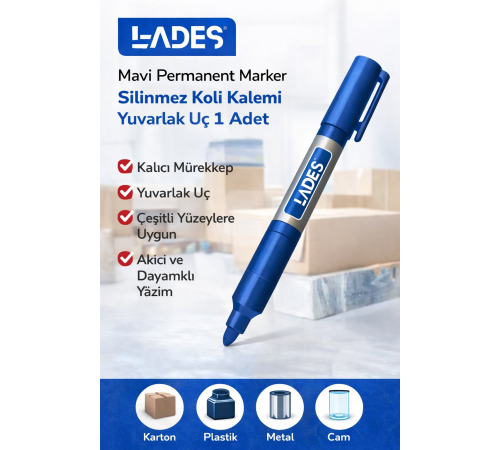 Lades Mavi Permanent Marker Silinmez Koli Kalemi Yuvarlak Uç 1 Adet