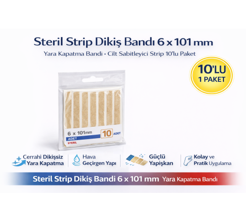 Steril Strip Dikiş Bandı 6 x 101 mm Yara Kapatma Bandı Cilt Sabitleyici Strip 10’lu 1 Paket