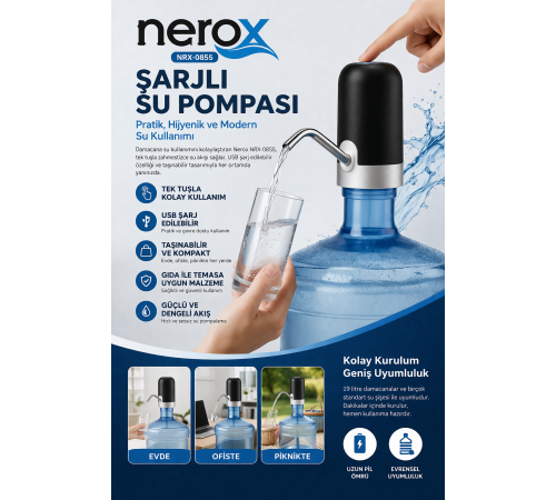 Nerox Şarjlı Su Pompası NRX-0855 USB Şarjlı Damacana Su Pompası Otomatik Su Sebili Aparatı