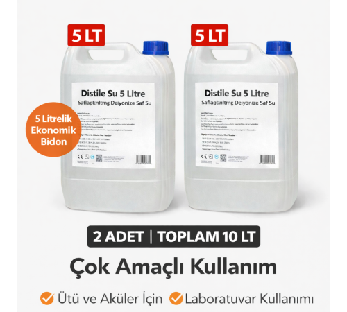 2 Adet Distile Su 5 Litre Toplam 10 Litre Saflaştırılmış Deiyonize Saf Su Çok Amaçlı Kullanım