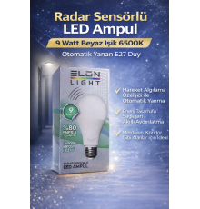 Radar Sensörlü LED Ampul 9 Watt Beyaz Işık 6500K Otomatik Yanan E27 Duy