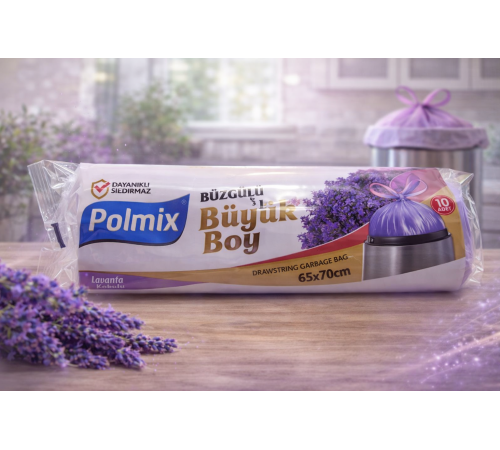 Polmix Lavanta Kokulu Büzgülü Çöp Torbası Büyük Boy 65x70 cm 10'lu 1 Paket Dayanıklı Sızdırmaz Çöp Poşeti