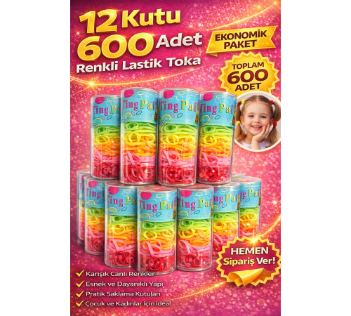 12 Kutu 600 Adet Renkli Lastik Toka Seti Karışık Renkli Saç Lastiği Çocuk ve Kadın Saç Tokası