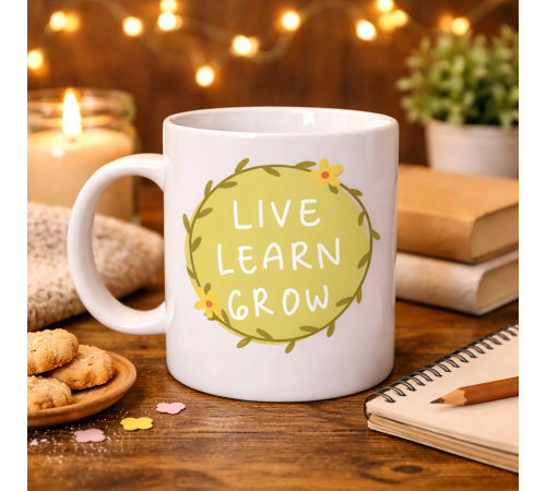 Live Learn Grow Motivasyon Kupası MODEL 133 – YAŞA , ÖĞREN , GELİŞ İlham Veren Tasarım, Porselen Kupa, Pozitif Mesajlı Kahve & Çay Kupası