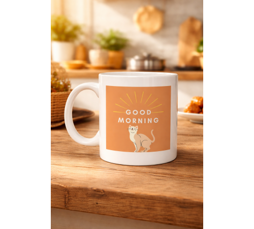 Good Morning Kedi Desenli Porselen Kupa MODEL 72 – Sevimli Kedi Figürlü, Kahve & Çay Kupası, Hediyelik Porselen Bardak