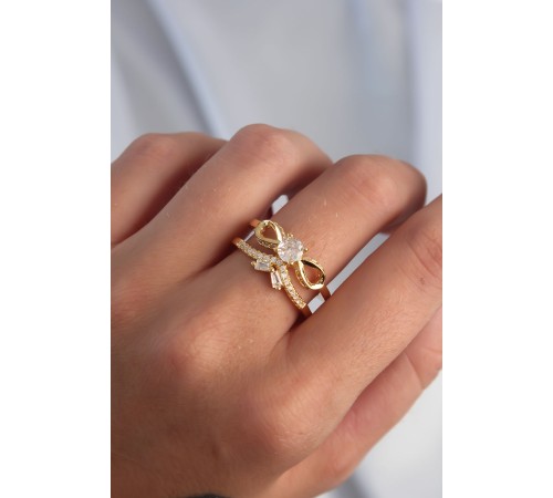 Pirinç Ayarlamalı Gold Renk Zirkon Taşlı 2li Görünüm Fiyonk Yüzük