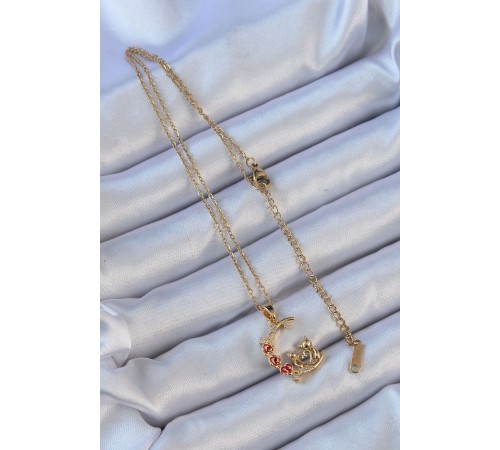316L Çelik Zincir Altın Renk Kırmızı Gül Detay Kedi Figür Zirkon Taşlı Ay Kolye