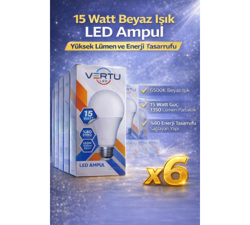LED Ampul 15 Watt Beyaz Işık 6500K Yüksek Lümen E27 Duy Enerji Tasarruflu 6 Adet