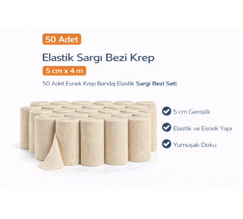 Elastik Sargı Bezi Krep 5 cm x 4 m 50 Adet Esnek Krep Bandaj Elastik Sargı Bezi Seti