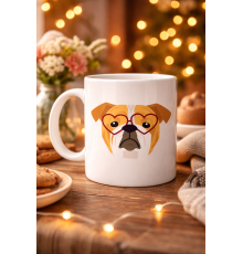 Kalpli Gözlüklü İngiliz Bulldog Tasarımlı Porselen Kupa Model 52 – Sevimli Köpek Desenli Kahve & Çay Kupası