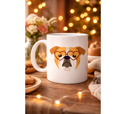Kalpli Gözlüklü İngiliz Bulldog Tasarımlı Porselen Kupa Model 52 – Sevimli Köpek Desenli Kahve & Çay Kupası