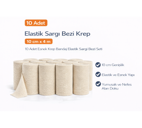 Elastik Sargı Bezi Krep 10 cm x 4 m 10 Adet Esnek Krep Bandaj Elastik Sargı Bezi Seti