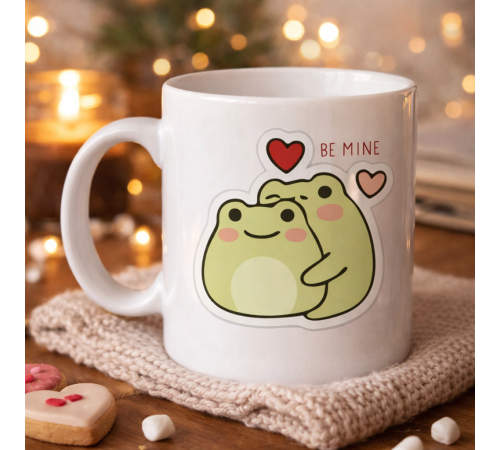 Model 41 Be Mine Tasarımlı Sevimli Kurbağa Desenli Porselen Kupa Aşk Temalı Özel Tasarım Kahve Kupası