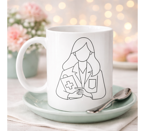 Doktor Temalı Porselen Kupa MODEL 173 – Kadın Doktor Çizimli Kahve Kupası – Sağlık Çalışanı Hediyesi – Doktorlara Özel Tasarım Kupa