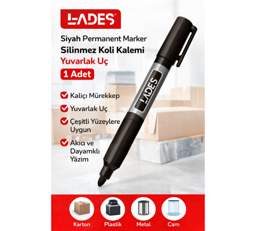 Lades Siyah Permanent Marker Silinmez Koli Kalemi Yuvarlak Uç 1 Adet