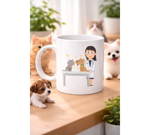 Veteriner Temalı Porselen Kupa MODEL 179 – Kedi ve Köpekli Sevimli Veteriner Tasarımlı Kahve Kupası – Veterinerlere ve Hayvan Severlere Hediye