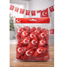 Ayyıldızlı Kırmızı Balon Seti Türk Bayraklı Parti Balonu Dayanıklı Latex Balon 20 Adet