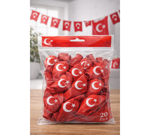 Ayyıldızlı Kırmızı Balon Seti Türk Bayraklı Parti Balonu Dayanıklı Latex Balon 20 Adet