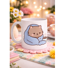 Battaniyeye Sarılmış Sevimli Kedi Tasarımlı Porselen Kupa MODEL 189 – Kahve Temalı Tatlı Kedi Kahve Kupası – Kedi Severlere Hediye Kupa