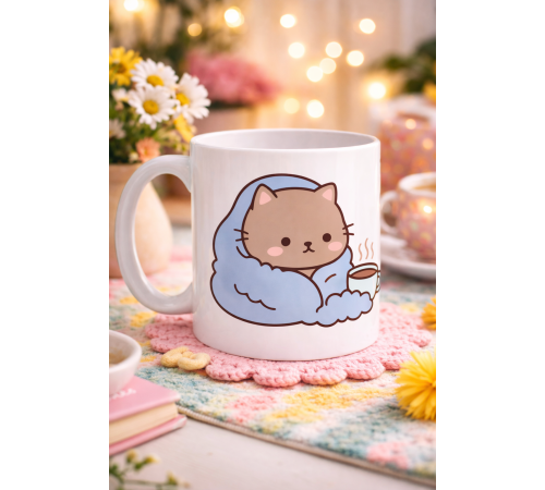 Battaniyeye Sarılmış Sevimli Kedi Tasarımlı Porselen Kupa MODEL 189 – Kahve Temalı Tatlı Kedi Kahve Kupası – Kedi Severlere Hediye Kupa