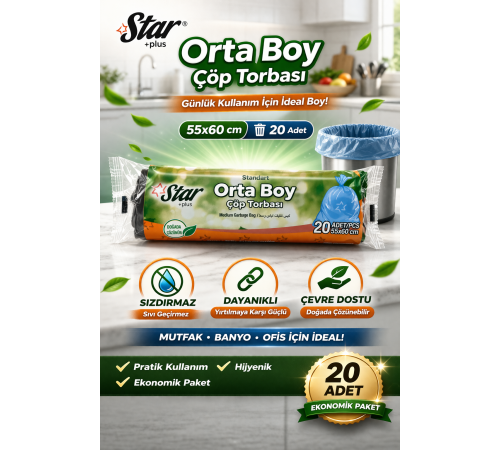Star Plus Orta Boy Çöp Torbası 20'li 1 Paket 55x60 cm Dayanıklı Sızdırmaz Orta Boy Çöp Poşeti