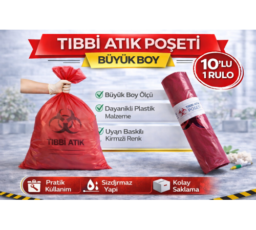 Tıbbi Atık Poşeti Büyük Boy 10'lu 1 Rulo Kırmızı Tıbbi Atık Atık Poşeti