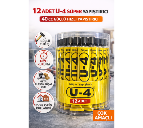 12 Adet U-4 Süper Yapıştırıcı 40 CC Güçlü Hızlı Yapıştırıcı Çok Amaçlı Metal Plastik Ahşap Deri Yapıştırıcı Şeffaf Kutulu