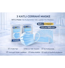 3 Katlı Cerrahi Maske 50'li 2 Paket Tek Kullanımlık Telli Lastikli Yüz Maskesi Toplam 100 Adet