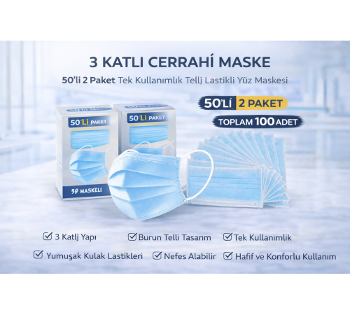 3 Katlı Cerrahi Maske 50'li 2 Paket Tek Kullanımlık Telli Lastikli Yüz Maskesi Toplam 100 Adet