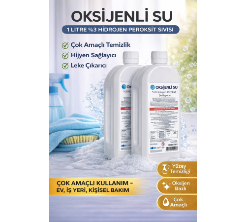 Oksijenli Su 1 Litre 2 Adet Set %3 Hidrojen Peroksit Solüsyonu Çok Amaçlı Temizlik ve Hijyen Sıvısı