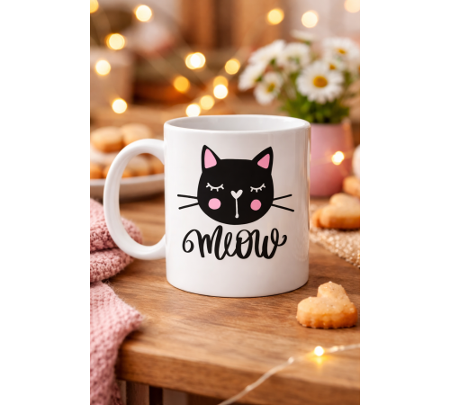 Sevimli Kedi Desenli Porselen Kupa MODEL 63 – “Meow” Yazılı Kahve & Çay Keyfi İçin Tatlı Tasarım