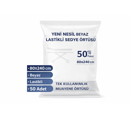 Yeni Nesil Beyaz Lastikli Sedye Örtüsü 50’li 1 Paket 80x240 cm Nonwoven Tek Kullanımlık Muayene Örtüsü