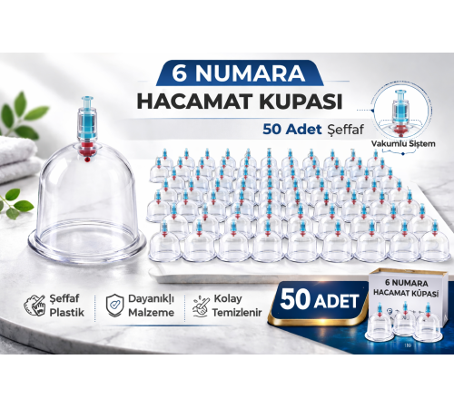 6 Numara Hacamat Kupası 50 Adet Vakumlu Kupa Bardak Dayanıklı Plastik Manuel Hacamat Kabı