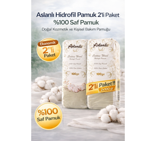 Aslanlı Hidrofil Pamuk 100 gr x 2 Adet %100 Saf Pamuk Kozmetik ve Kişisel Bakım Pamuğu