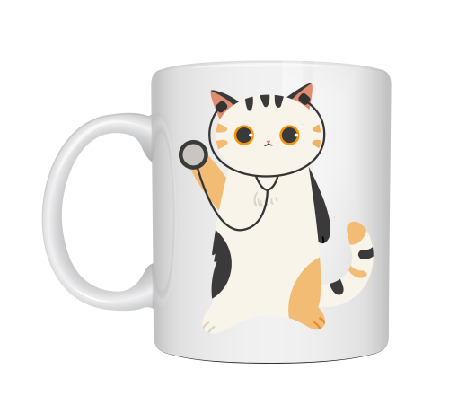 Veteriner Kedi Tasarımlı Porselen Kupa MODEL 177 – Stetoskoplu Sevimli Kedi Kahve Kupası – Veterinerlere ve Kedi Severlere Hediye