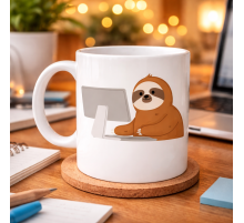 Bilgisayar Başında Tembel Hayvan Desenli Porselen Kupa MODEL 113 – Sevimli Sloth Tasarımlı Ofis & Kahve Kupası , Eğlenceli Hediye
