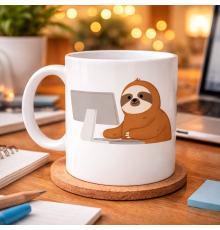 Bilgisayar Başında Tembel Hayvan Desenli Porselen Kupa MODEL 113 – Sevimli Sloth Tasarımlı Ofis & Kahve Kupası , Eğlenceli Hediye