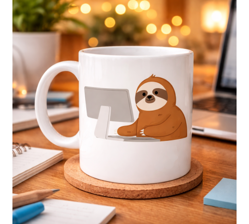 Bilgisayar Başında Tembel Hayvan Desenli Porselen Kupa MODEL 113 – Sevimli Sloth Tasarımlı Ofis & Kahve Kupası , Eğlenceli Hediye