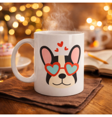 French Bulldog Desenli Kalpli Gözlüklü Porselen Kupa Model 50 – Sevimli Köpek Tasarımlı Kahve Kupası