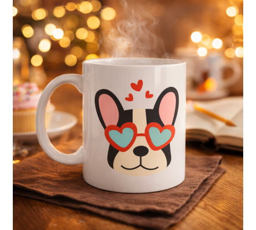 French Bulldog Desenli Kalpli Gözlüklü Porselen Kupa Model 50 – Sevimli Köpek Tasarımlı Kahve Kupası