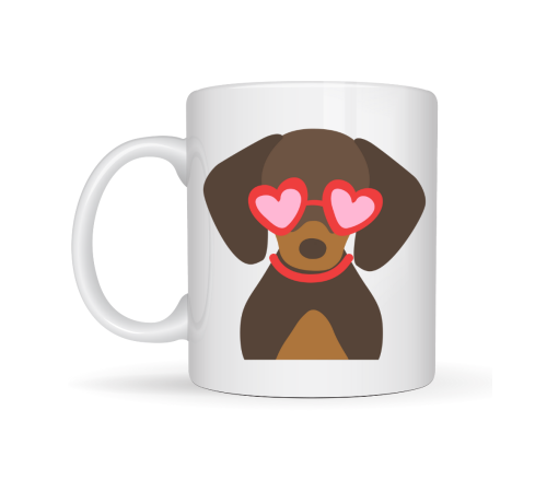 Sevimli Dachshund (Sosis Köpek) Desenli Porselen Kupa Model 47 – Kalpli Gözlüklü Köpek Figürlü, Hediye Kupası