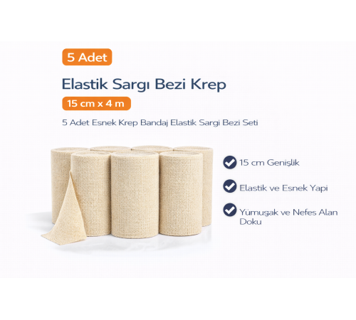 Elastik Sargı Bezi Krep 15 cm x 4 m 5 Adet Esnek Krep Bandaj Elastik Sargı Bezi Seti