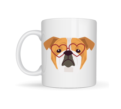 Kalpli Gözlüklü İngiliz Bulldog Tasarımlı Porselen Kupa Model 52 – Sevimli Köpek Desenli Kahve & Çay Kupası