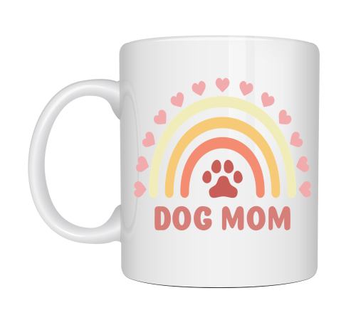 Dog Mom Baskılı Porselen Kupa MODEL 186 – Köpek Annesi Temalı Sevimli Kahve Kupası – Köpek Severlere Hediye – Sevimli Pati ve Gökkuşağı Tasarımlı Kupa