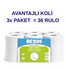 Professional Mini Jumbo Tuvalet Kağıdı 36 Rulo | 2 Katlı | %100 Selüloz | Endüstriyel & Ev Tipi Kullanım 3X12RULO