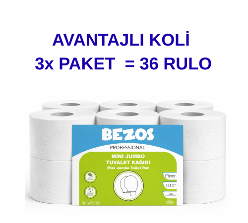 Professional Mini Jumbo Tuvalet Kağıdı 36 Rulo | 2 Katlı | %100 Selüloz | Endüstriyel & Ev Tipi Kullanım 3X12RULO