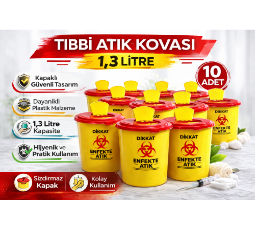 Tıbbi Atık Kovası 1,3 Litre 10 Adet Kapaklı Tıbbi Atık Kutusu Enfekte Atık Kovası Seti