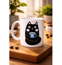Sevimli Siyah Kedi Baskılı Porselen Kupa MODEL 198 – Kahve İçen Kedi Tasarımlı Kupa Bardak – Kahve Severlere Eğlenceli Hediye Kupa